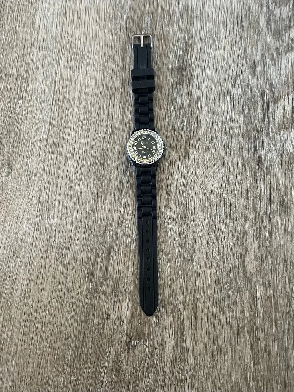 Geneva Legend Women’s Watch Black Dial Rhinestone Bezel Black Silicone Band